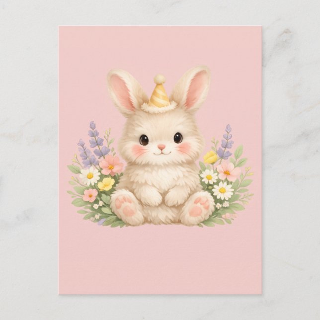 Pastel Bunny Wildflower Illustration Postcard (Front)