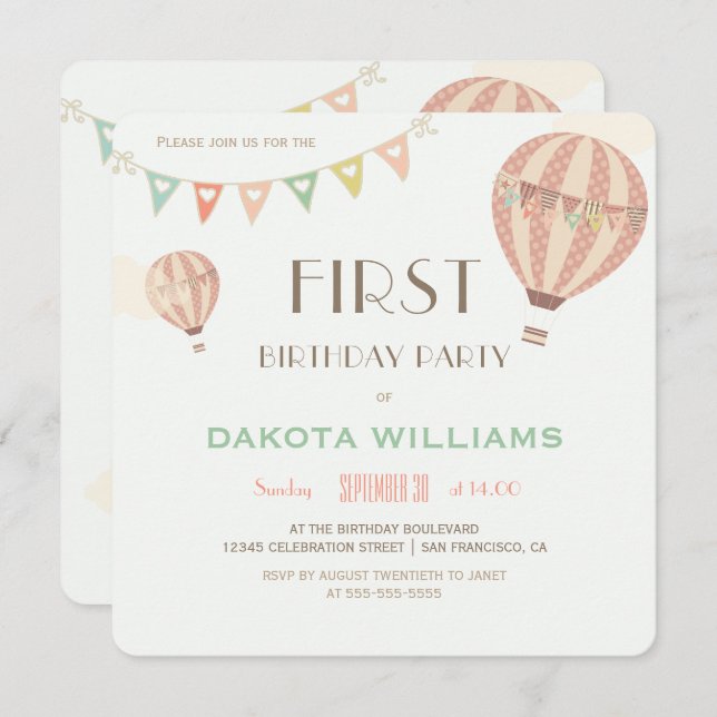 Pastel Bunting & Hot Air Balloons | First Birthday Invitation (Front/Back)