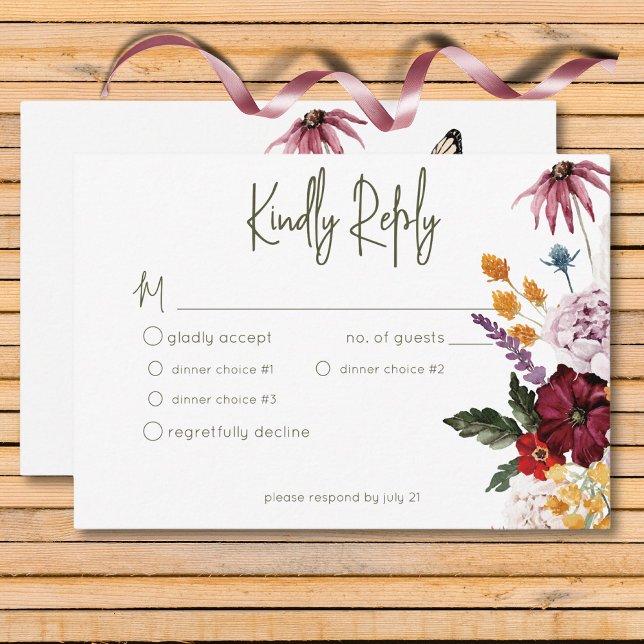 Pastel & Burgundy Bloom Modern Floral Three Dinner RSVP Card (Pastel & Burgundy Bloom Modern Floral Three Dinner RSVP Card)