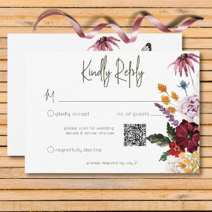 Pastel & Burgundy Blooms Modern Floral QR Code RSVP Card