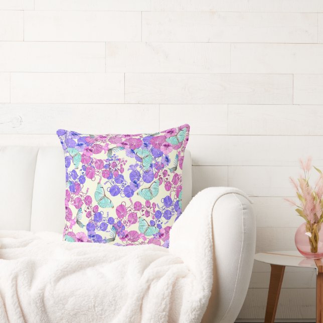 Pastel Butterflies In Flower Vines Throw Pillow (Couch)