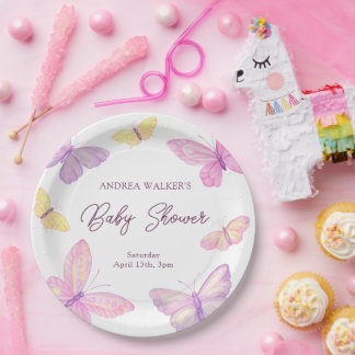 Pastel Butterflies Pink Purple Baby Shower Paper Plate