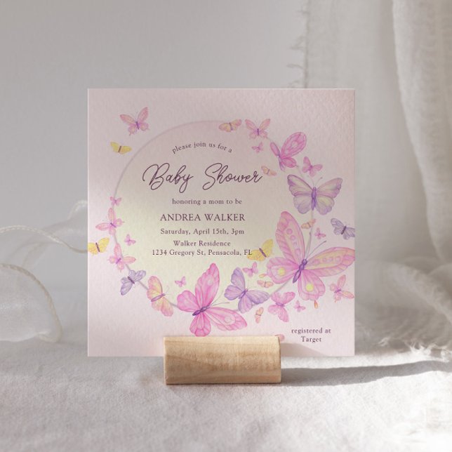 Pastel Butterflies Pink Purple Elegant Baby Shower Invitation (Creator Uploaded)