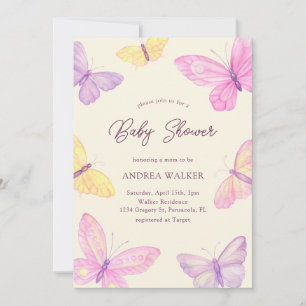 Pastel Butterflies Pink Purple Elegant Baby Shower Invitation
