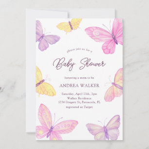 Pastel Butterflies Pink Purple Elegant Baby Shower Invitation