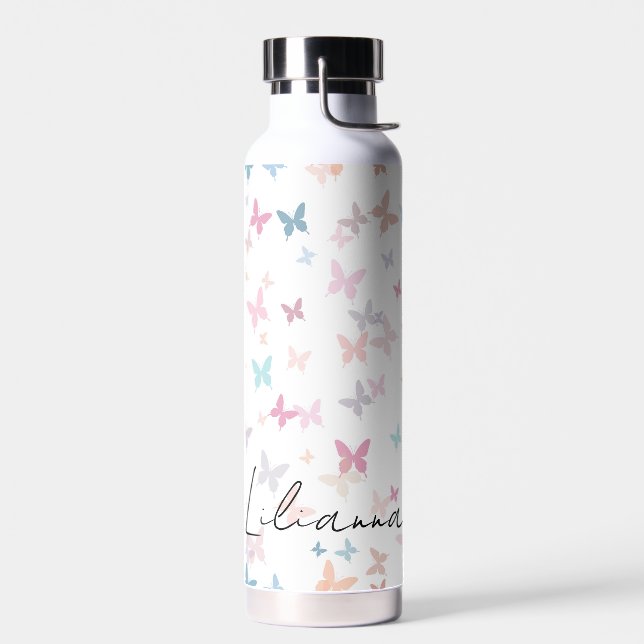 Pastel Butterflies with personalised name Water Bottle (Left)