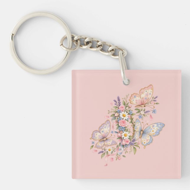 Pastel Butterfly Birthday Garden  Key Ring (Front)