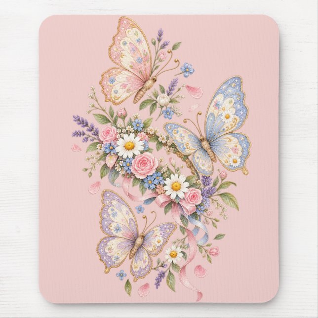 Pastel Butterfly Birthday Garden  Mouse Pad (Front)