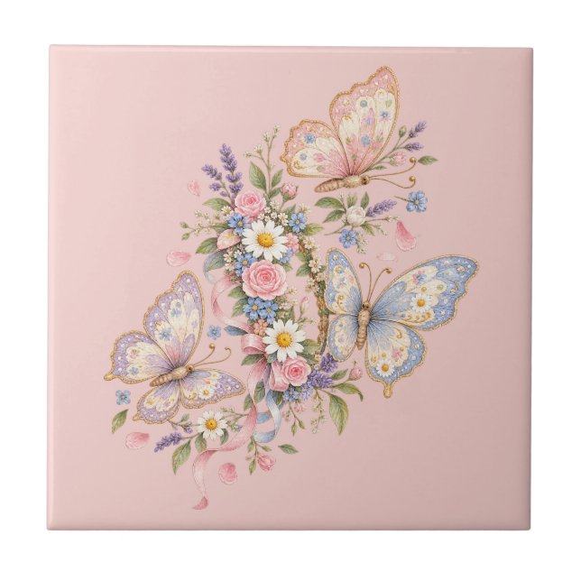 Pastel Butterfly Birthday Garden  Tile (Front)