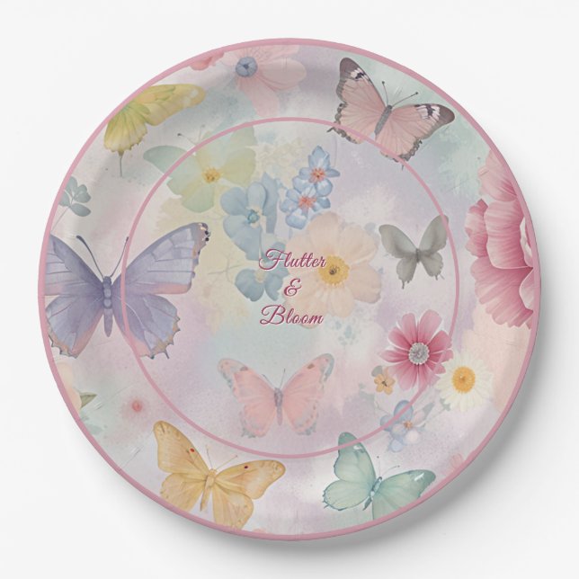 Pastel Butterfly Floral Theme, Flutter Bloom Party Paper Plate (Front)