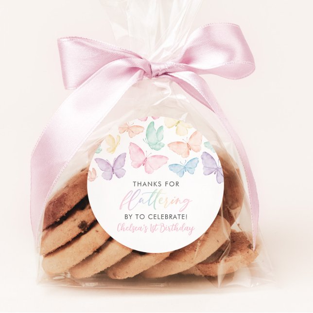 Pastel Butterfly Girl's 1st Birthday Rainbow Favou Classic Round Sticker (Pastel Rainbow Butterfly 1st Birthday Favor stickers)