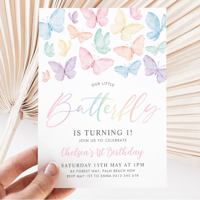 Pastel Butterfly Girl's 1st Birthday Rainbow Party Invitation (Creator Uploaded)