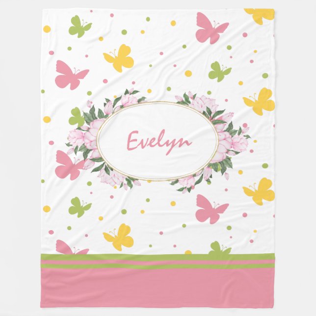 Pastel Butterfly Pattern with Flowers and Name Fleece Blanket (Front)