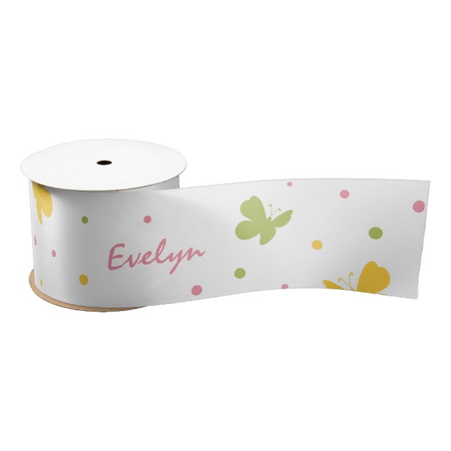 Pastel Butterfly Pattern with Flowers and Name Satin Ribbon (Spool)