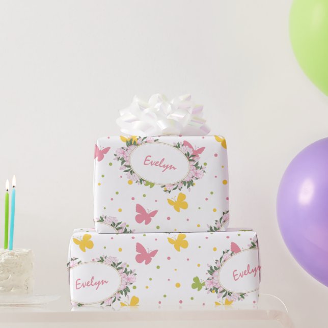Pastel Butterfly Pattern with Flowers and Name Wrapping Paper (Party Gifts)