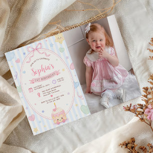 Pastel Cake Party Girl First Birthday Photo Invitation