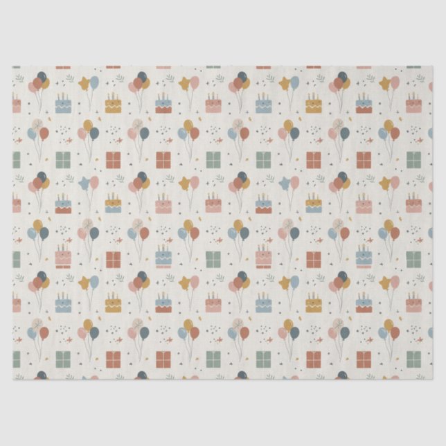  Pastel Cakes, Balloons & Stars Scandi Birthday Tissue Paper (Front)