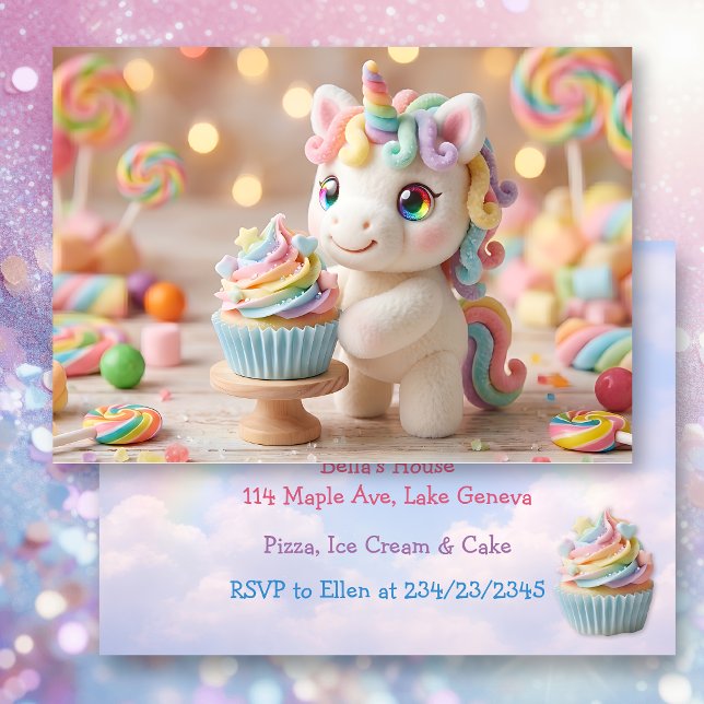 Pastel Candy Unicorn with Rainbow Cupcake Invitation (Creator Uploaded)