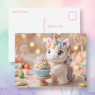 Pastel Candy Unicorn with Rainbow Cupcake Postcard
