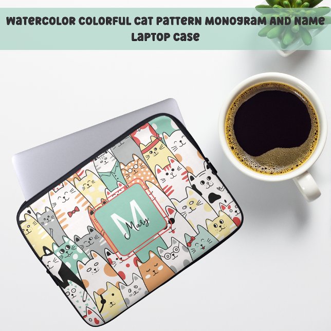 Pastel Cartoon Cute Cats Name Monogram  Laptop Sleeve (Creator Uploaded)
