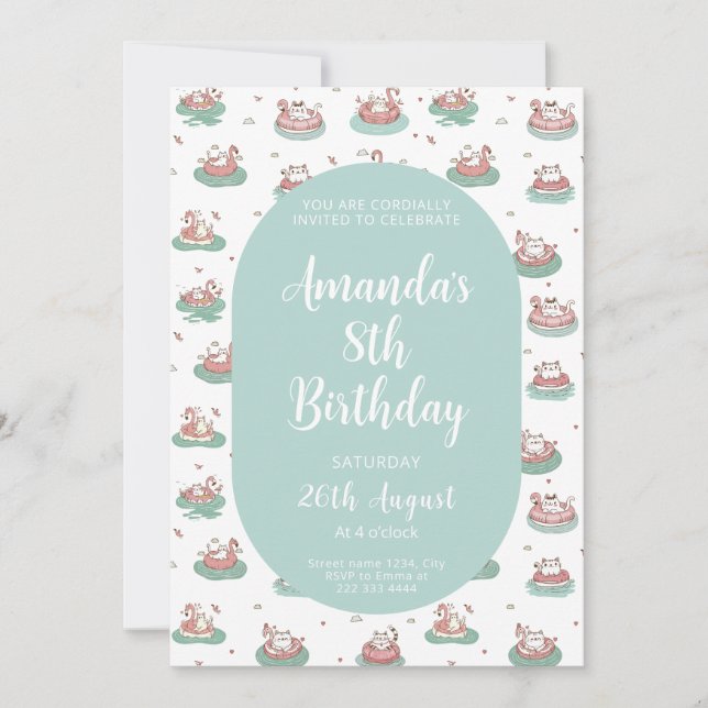 Pastel Cat Birthday Invitation – Cute Pool Party (Front)