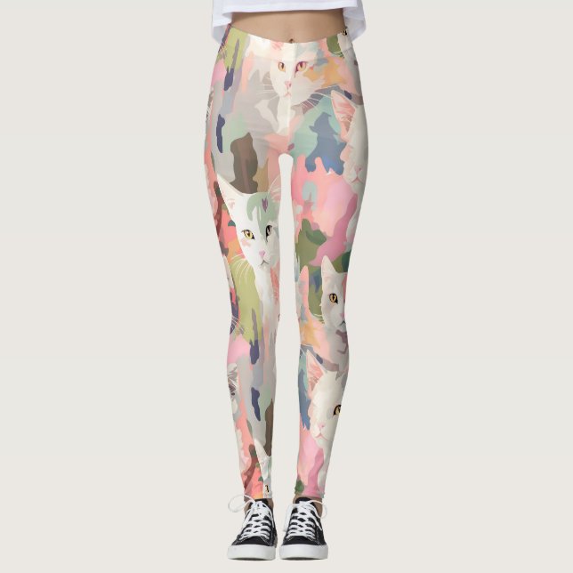 Pastel Cats Colourful Pattern Leggings (Front)