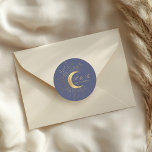Pastel Celestial Gold Moon Wedding Classic Round Classic Round Sticker<br><div class="desc">Our "Pastel Celestial Wedding" collection features a beautiful gold crescent moon with gold stars on various pastel backgrounds paired with elegant fonts. Easy for you to customise and you can choose among many items from this collection in our store.</div>