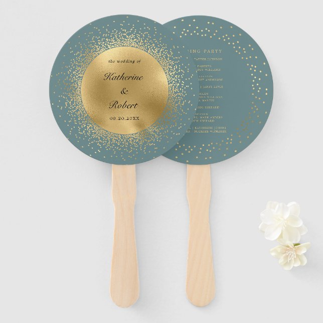 Pastel Celestial Gold Moon Wedding Program Hand Fan (Front and Back)