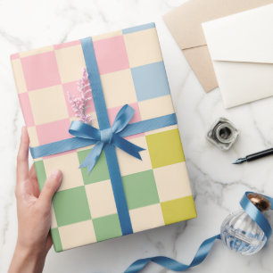 Pastel Checkered Check Pattern Pink Blue Green Wrapping Paper