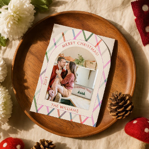 Pastel Chequered Pattern Merry Christmas Photo Invitation
