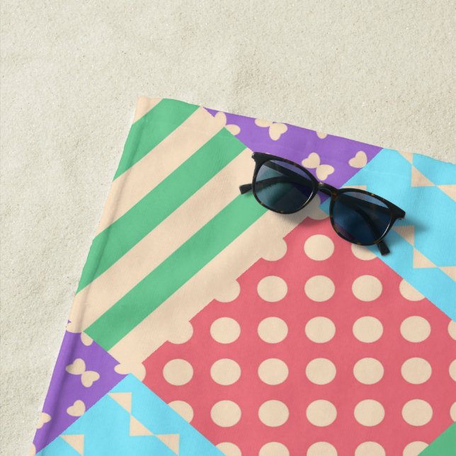 Pastel Chequered Stripe Bow Polkadot Geometric Beach Towel (In Situ)