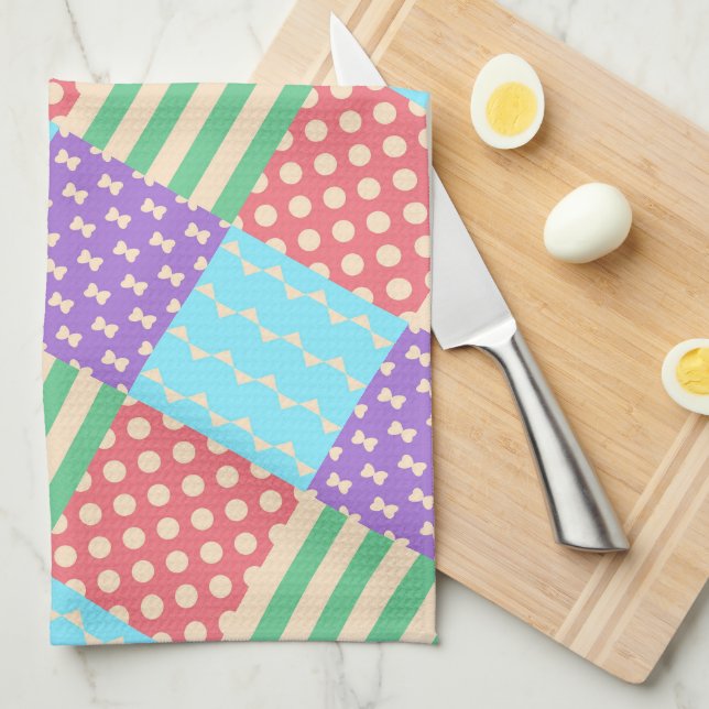 Pastel Chequered Stripe Bow Polkadot Geometric Tea Towel (Quarter Fold)