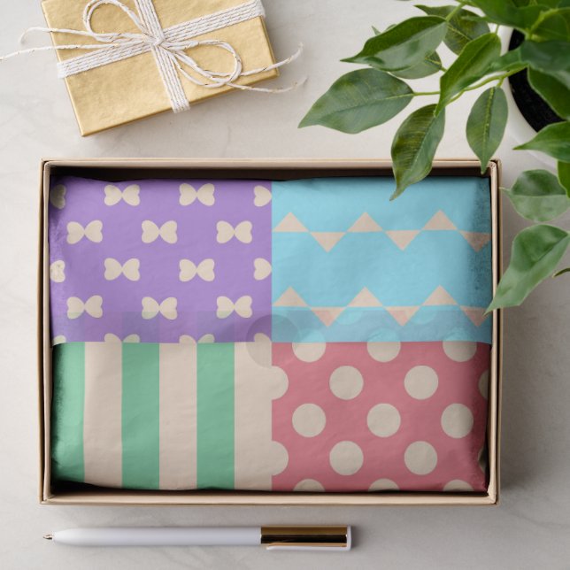 Pastel Chequered Stripe Bow Polkadot Geometric Tissue Paper (Gift)