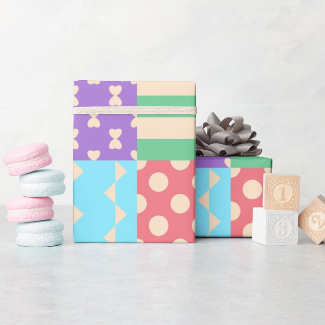 Pastel Chequered Stripe Bow Polkadot Geometric Wrapping Paper (Baby Shower)