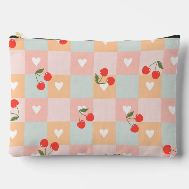 Pastel Cherry and Heart Chequered Pattern Accessory Pouch (Front)