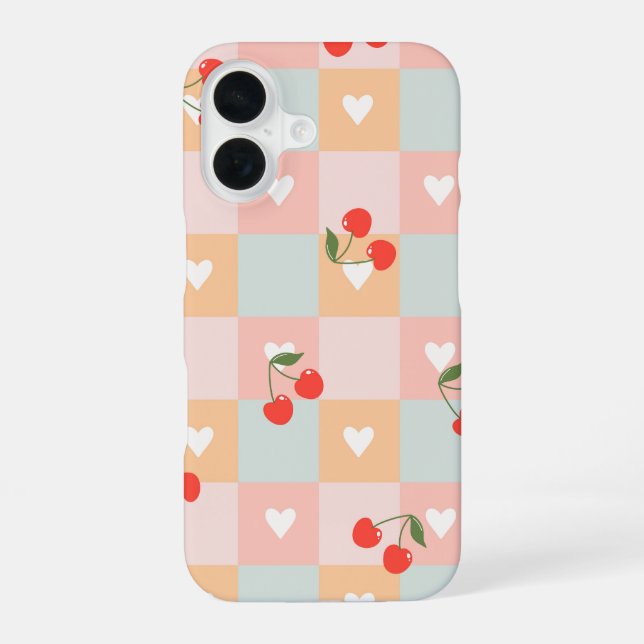 Pastel Cherry and Heart Chequered Pattern iPhone 16 Case (Back)