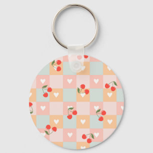 Pastel Cherry and Heart Chequered Pattern Key Ring