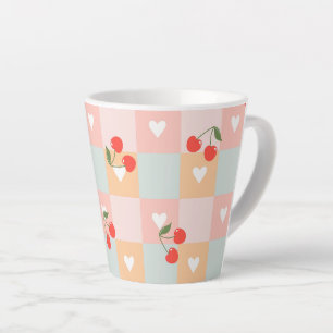 Pastel Cherry and Heart Chequered Pattern Latte Mug
