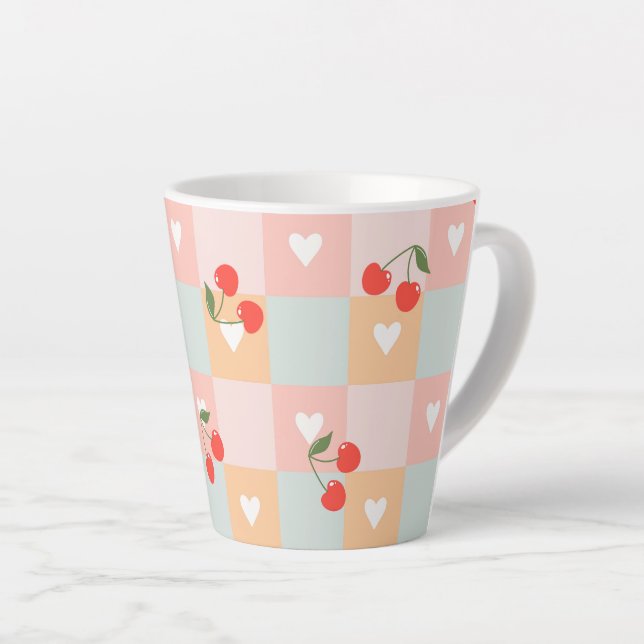 Pastel Cherry and Heart Chequered Pattern Latte Mug (Right Angle)