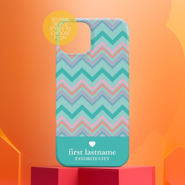 Pastel Chevron Pattern with name - designer (Personalized phone case with a teal and pink chevron pattern)