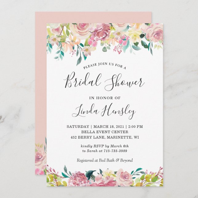 Pastel Chic Blush Floral Spring Bridal Shower Invitation (Front/Back)