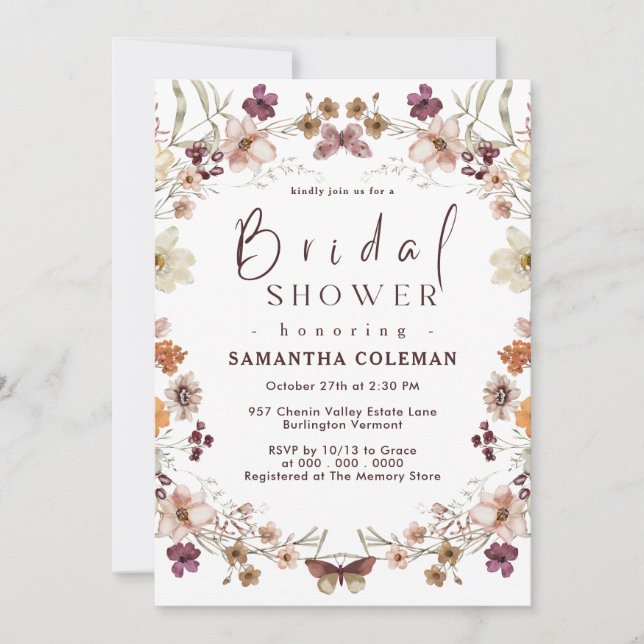 Pastel Chic Boho Wildflower Theme Bridal Shower Invitation (Front)
