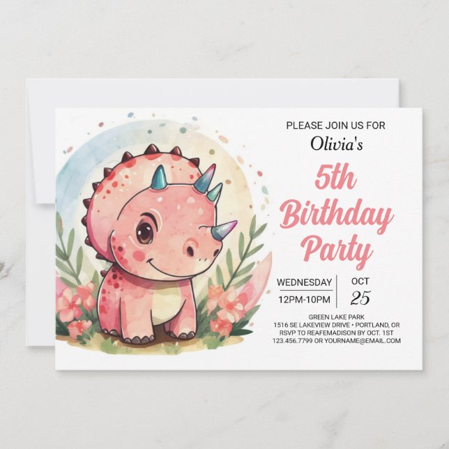 Pastel Chic Editable Dinosaur Girl Birthday Invitation (Front)