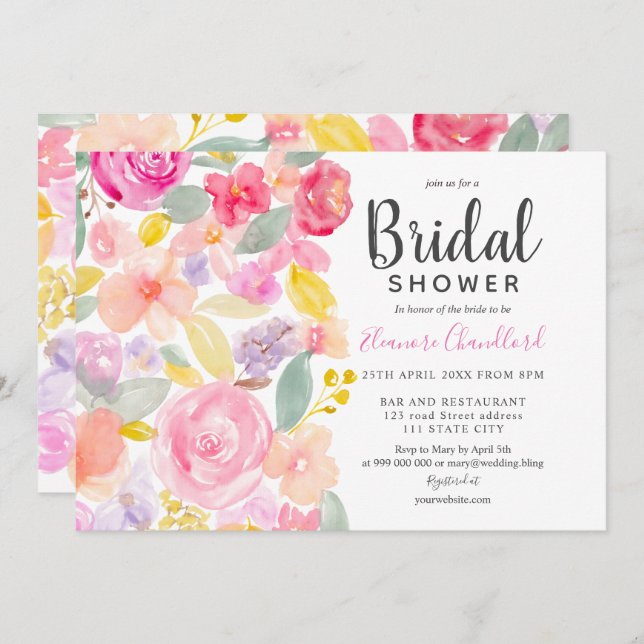 Pastel chic pink floral watercolor bridal shower invitation (Front/Back)