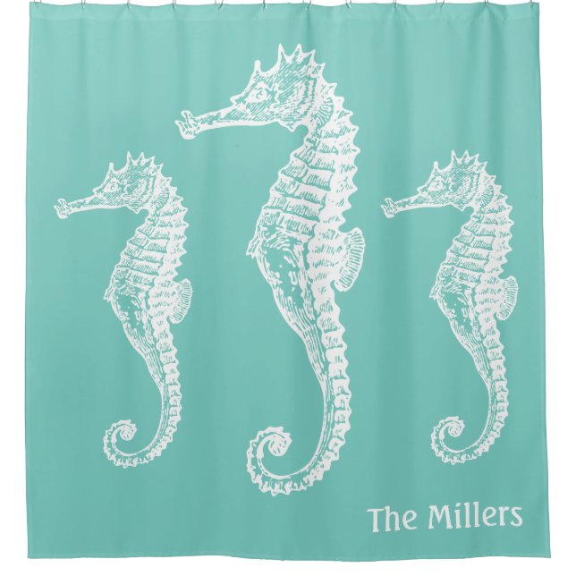 Pastel Chic Seahorse Family Teal Green Shower Curtain (Front)