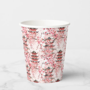 Pastel Chinese Pagoda Cherry Blossom Landscape Paper Cups