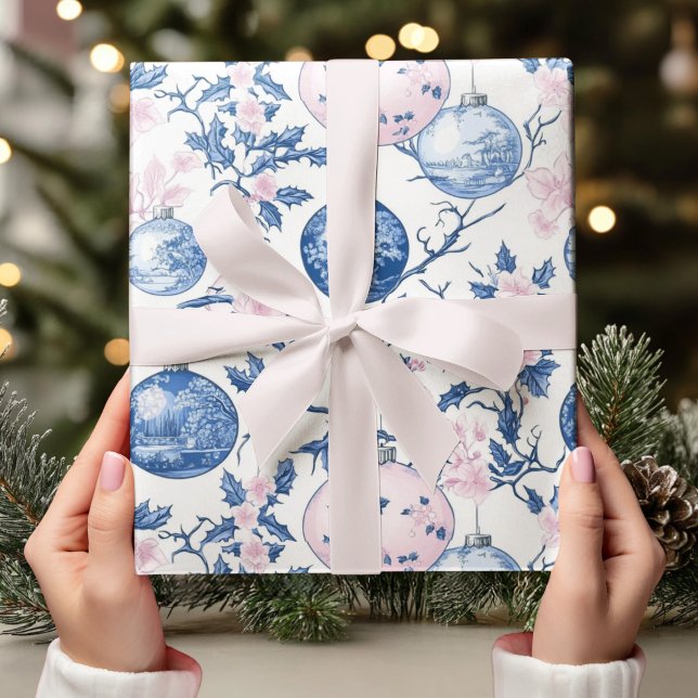 Pastel Chinoiserie Blue & Pink Christmas Ornament  Wrapping Paper (Creator Uploaded)