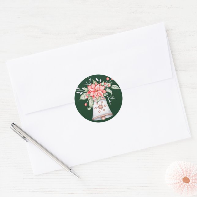Pastel Christmas bell with poinsettia  Classic Round Sticker (Envelope)