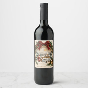 Pastel Christmas Greeting, Santa Claus and snowy Wine Label