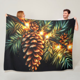 Pastel Christmas Holiday String Light Pinecone Fleece Blanket